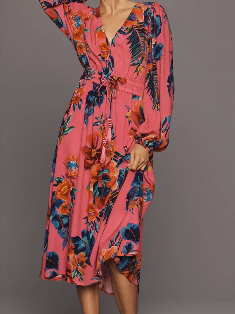 FARM Rio Pink Tropical Floral V-Neck Smocked Waist Midi Dress